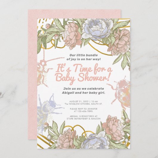 金ゴールド水彩フローラ&緑の女の子ベビーシャワー 招待状 (正面/裏面)