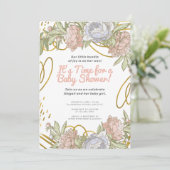 金ゴールド水彩フローラ&緑の女の子ベビーシャワー 招待状 (スタンド正面)