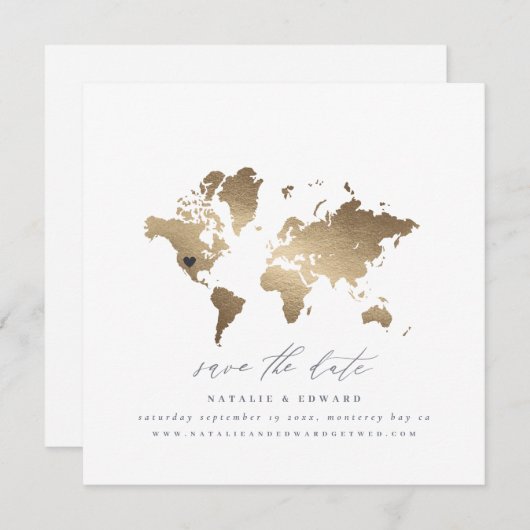 金ゴールド水彩世界地図結婚の発表 案内状 (正面/裏面)