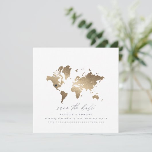 金ゴールド水彩世界地図結婚の発表 案内状 (スタンド正面)