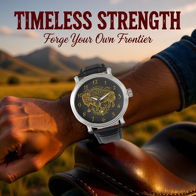 金ゴールド水牛の山の近くの太陽の下の放牧 腕時計 (クリエイターアップロード済み)