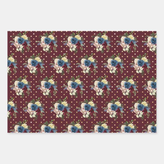 金ゴールド水玉模様ウィンターホリデーフローラフラワー ラッピングペーパーシート (正面3)