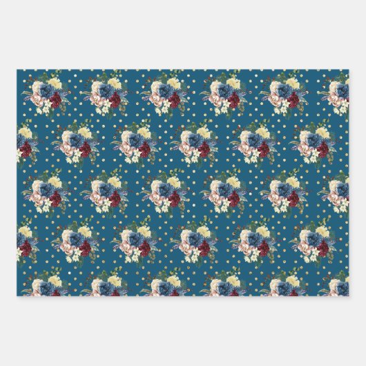 金ゴールド水玉模様ウィンターホリデーフローラフラワー ラッピングペーパーシート (正面)