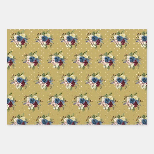 金ゴールド水玉模様ウィンターホリデーフローラフラワー ラッピングペーパーシート (正面3)