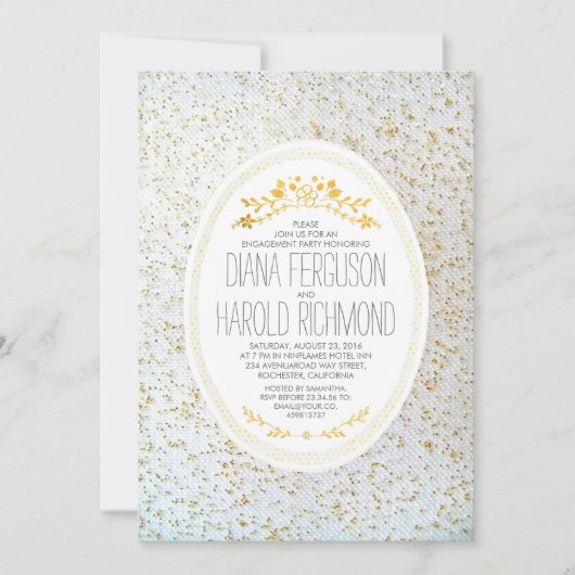 金ゴールド水玉模様フローラホワイト婚約パーティ 招待状 (正面)