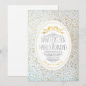 金ゴールド水玉模様フローラホワイト婚約パーティ 招待状 (正面/裏面)