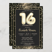 金ゴールド水玉模様ブラックスウィート16パーティー 招待状 (正面/裏面)
