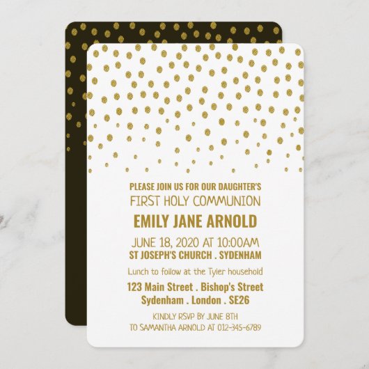 金ゴールド水玉模様第一聖餐式 招待状 (正面/裏面)