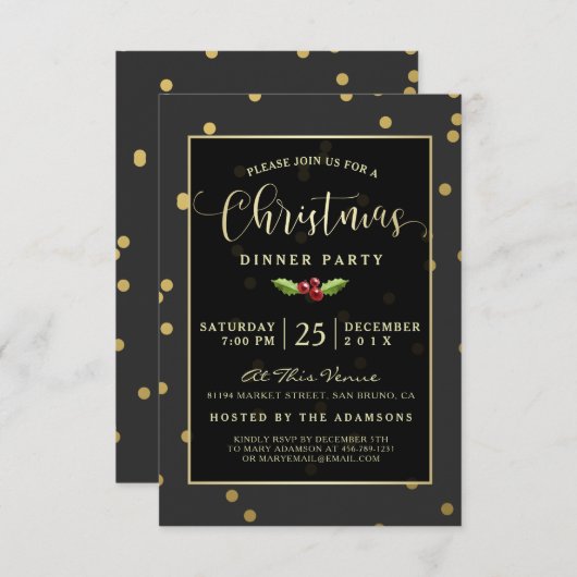 金ゴールド水玉模様紙吹雪クリスマスパーティー招待状 招待状 (正面/裏面)