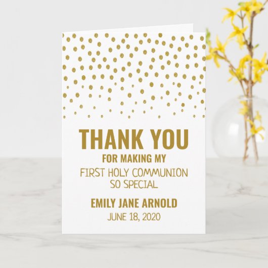 金ゴールド水玉模様、ファーストコミュニオンサンキュー カード (黄色い花)