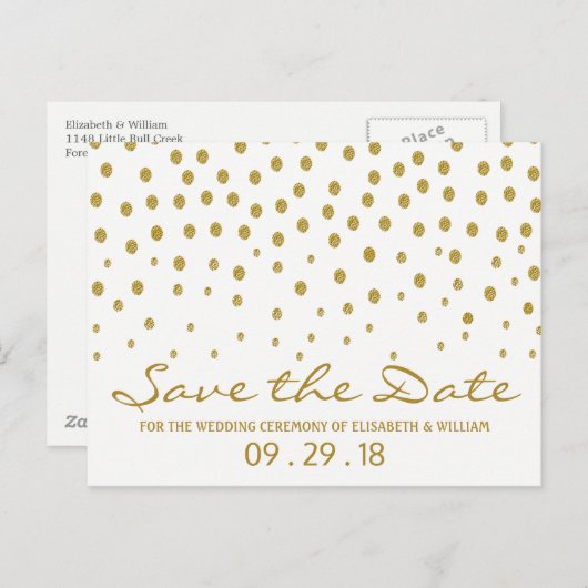 金ゴールド水玉模様 – 白と金ゴールド – 日付の保存 案内ポストカード (正面/裏面)