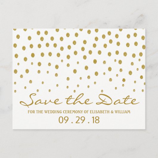 金ゴールド水玉模様 – 白と金ゴールド – 日付の保存 案内ポストカード (正面)