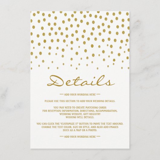 金ゴールド水玉模様 – 白と金ゴールド-結婚の詳細 エンクロージャーカード (正面)