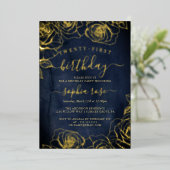 金ゴールド水色ネイビーフォイルバラ21st誕生日 箔招待状 (立ち正面)