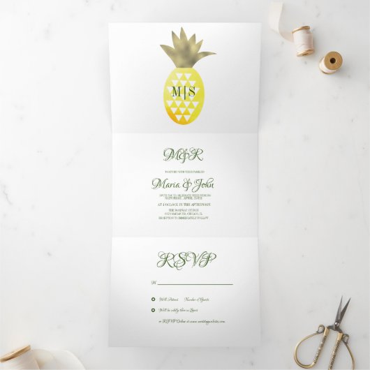 金ゴールド水色パイナップルピナストロピック結婚ズ 三つ折り招待状 (内部)