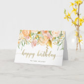 金ゴールド水色フローラ |ハッピーバースデー カード (黄色い花)