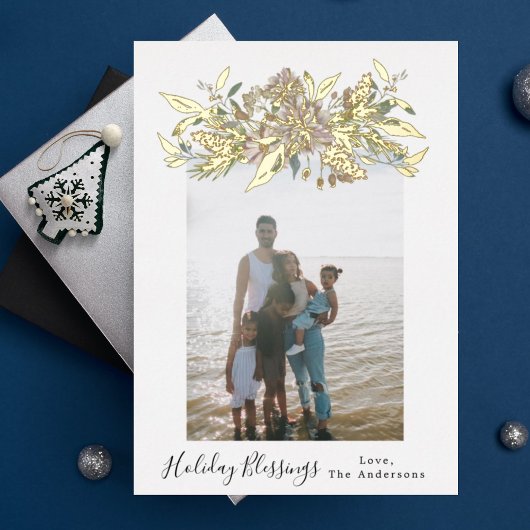 金ゴールド水色ヴィンテージフローラクリスマスフォト 箔シーズンカード