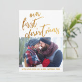 金ゴールド波オン白Ourの初めてのクリスマス、写真 シーズンカード (スタンド正面)