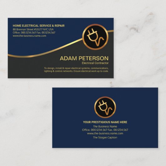 金ゴールド波形スタイリッシュブルーグレーレイヤーエレクトリシャン 名刺 (正面/裏面)