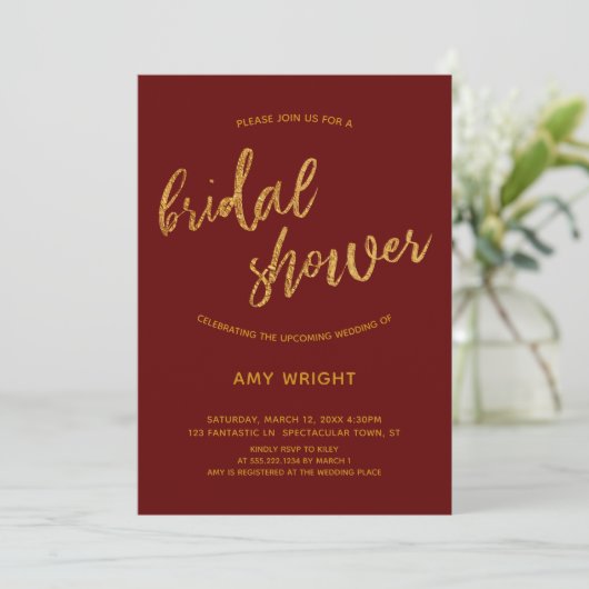 金ゴールド波手書きブルゴーニュ赤ブライダルシャワー 招待状 (スタンド正面)
