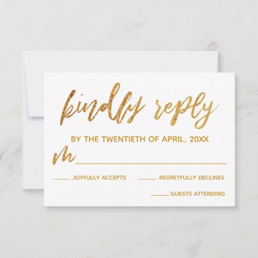 金ゴールド波手書きホワイトフレンドリーな返信 出欠カード (正面)