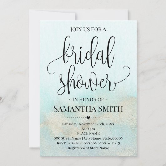 金ゴールド海ブライダルシャワー結婚アクア付きティール(緑がかった色) 招待状 (正面)