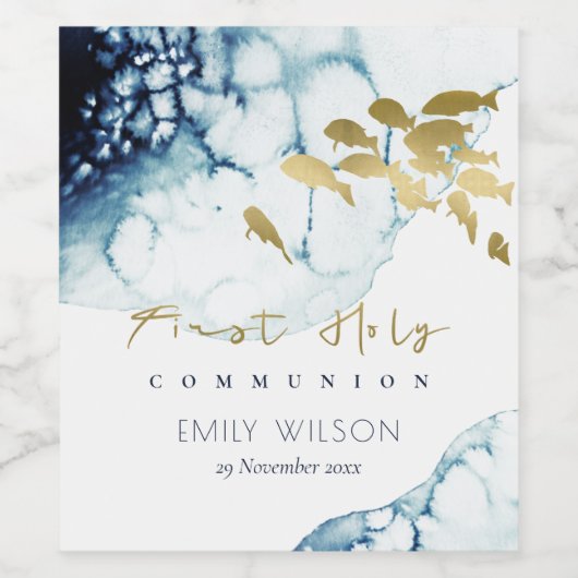 金ゴールド海軍の水中海魚の最初の聖餐会 ワインラベル (シングルラベル)