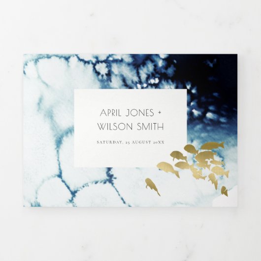 金ゴールド海軍の海底魚の水色結婚T 三つ折り招待状 (カバー)