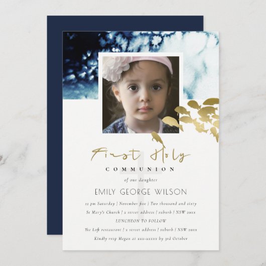 金ゴールド海軍の魚の写真最初の聖餐式招待状 サンキューカード (正面/裏面)