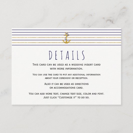 金ゴールド海軍ストライプいかり航海の結婚ズ エンクロージャーカード (正面)