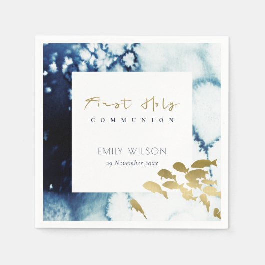 金ゴールド海軍水中魚第1聖餐式 スタンダードカクテルナプキン (正面)