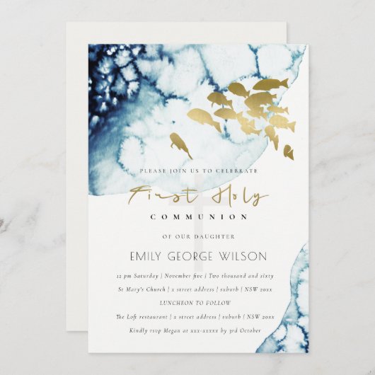 金ゴールド海軍水中魚聖餐式招待状 サンキューカード (正面/裏面)