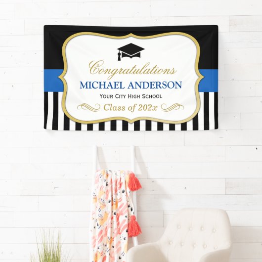 金ゴールド海軍白黒ストライプ卒業党 横断幕 (インサイチュ)