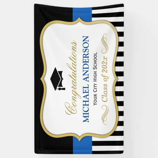 金ゴールド海軍白黒ストライプ卒業党 横断幕 (縦)