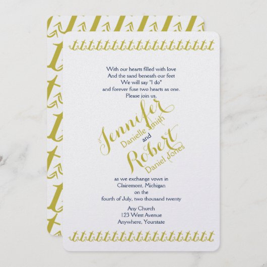 金ゴールド海軍航海のいかりビーチ結婚式 招待状 (正面/裏面)