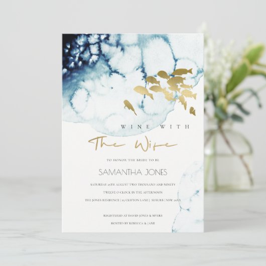 金ゴールド海軍魚酒と妻ブライダルシャワー招待状 サンキューカード (スタンド正面)