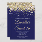 金ゴールド淡い色のグリッターネイビースイート16 招待状 (正面/裏面)