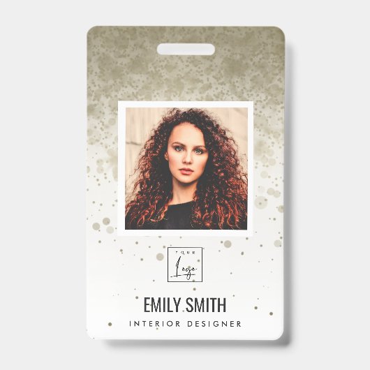 金ゴールド淡い色のグリッター社員写真バーコード名 バッジ (Front)