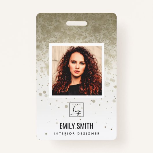 金ゴールド淡い色のグリッター社員写真バーコード名 バッジ (正面)