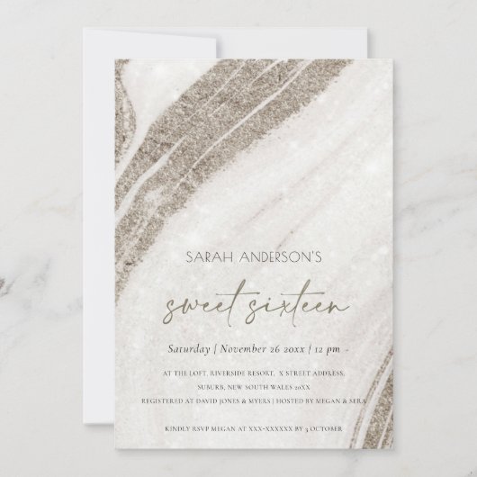 金ゴールド淡い色のマーブルアガテスウィート16誕生日招待状 サンキューカード (正面)