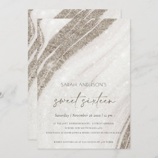 金ゴールド淡い色のマーブルアガテスウィート16誕生日招待状 サンキューカード (正面/裏面)