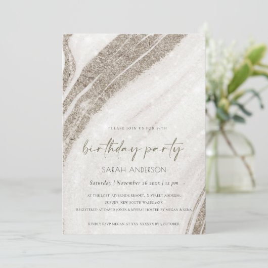 金ゴールド淡い色のマーブルアゲートエイジ誕生日招待状 サンキューカード (スタンド正面)