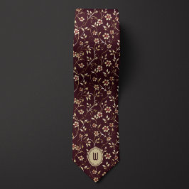 金ゴールド淡い色の花オンチョコレートバーガンディーモノグラム ネクタイ