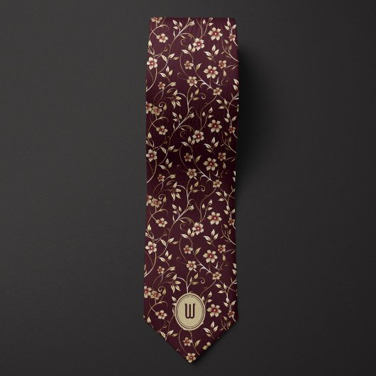 金ゴールド淡い色の花オンチョコレートバーガンディーモノグラム ネクタイ