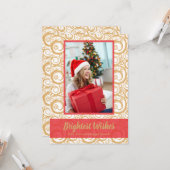 金ゴールド渦巻きクリスマス写真 カード (正面/裏面インサイチュ)