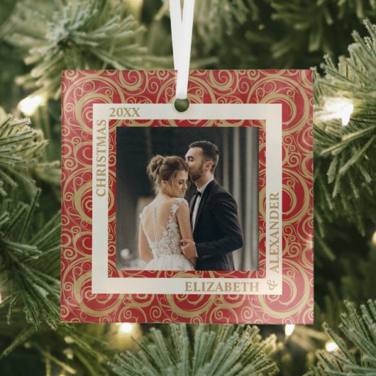 金ゴールド渦巻き写真(赤) ガラスオーナメント (インサイチュ)