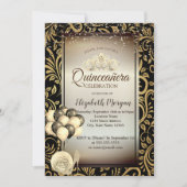 金ゴールド渦巻き旋回、バルーン、ハイヒール、ティアラ・キンチェニェラ 招待状 (正面)