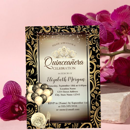 金ゴールド渦巻き旋回、バルーン、ハイヒール、ティアラ・キンチェニェラ 招待状