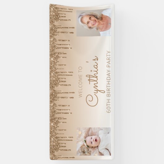 金ゴールド滴下グリッター2枚写真60誕生日 横断幕 (縦)