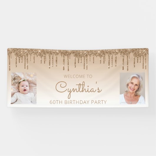 金ゴールド滴下グリッター2枚写真60誕生日 横断幕 (横)